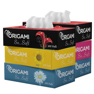 Origami 2 Ply Facial Tissue Box | Car Tissue - Pack of 6 (100 Pulls Per Box, 600 Sheets)