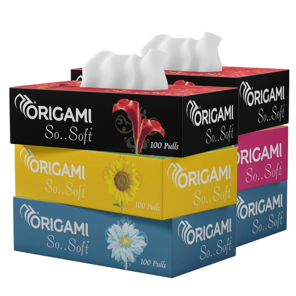 Origami 2 Ply Facial Tissue Box | Car Tissue - Pack of 6 (100 Pulls Per Box, 600 Sheets)