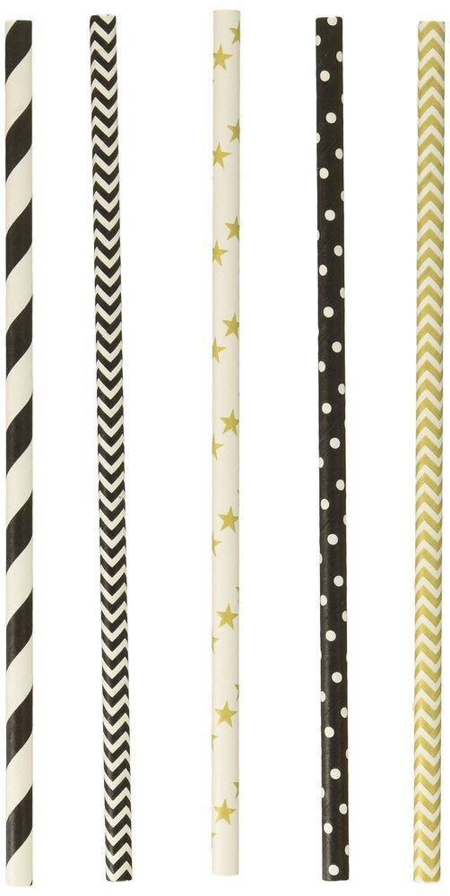 Charmed Black And Gold New Year, Hollywood Party Straw Stripe, Star, Chevron Straw Mix 125 Pk