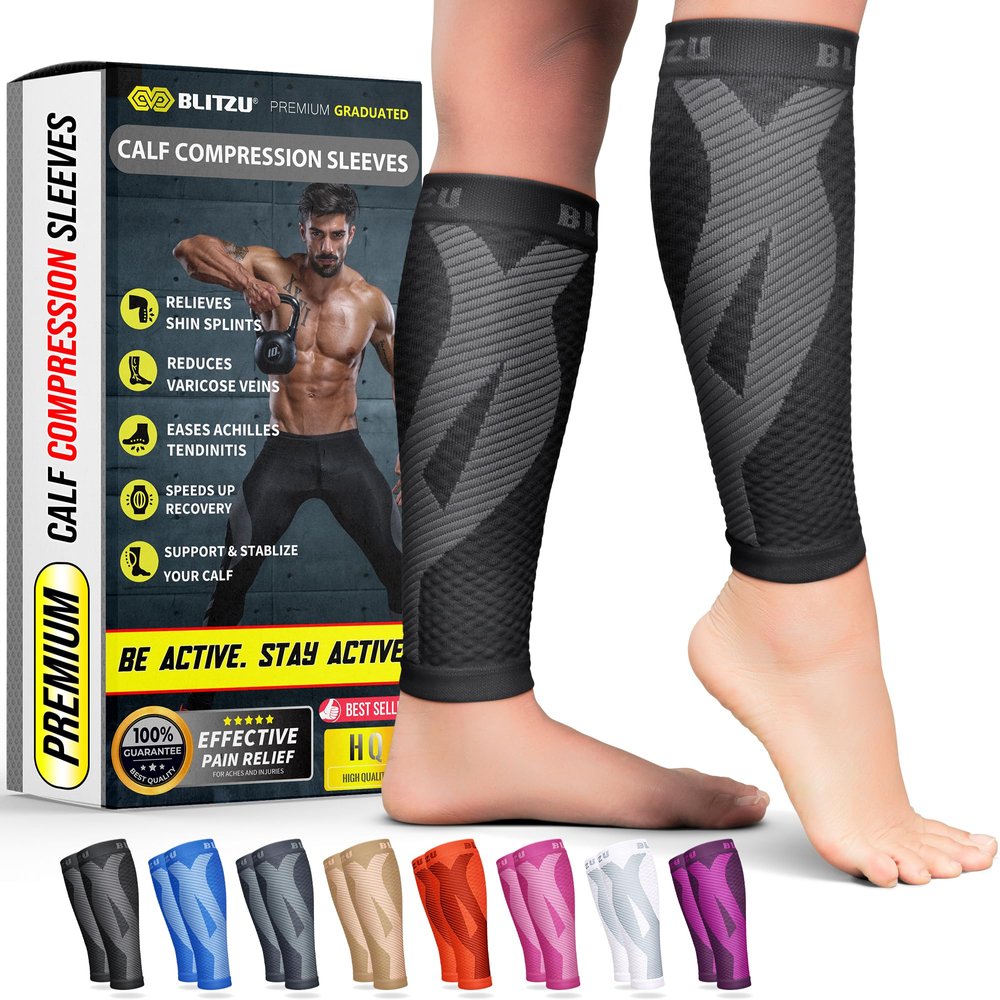 BLITZU Leg Performance Calf Sleeve Compression Socks for Pain Relief [One Pair, Black, Large/X-Large]