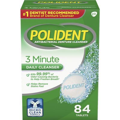 Polident 3 Minute Triple Mint Antibacterial Denture Cleanser Effervescent Tablets, 84 count