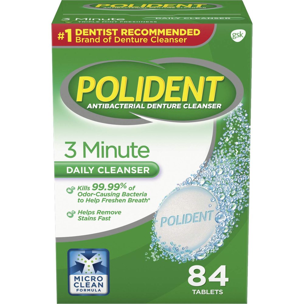 Polident 3 Minute Triple Mint Antibacterial Denture Cleanser Effervescent Tablets, 84 count