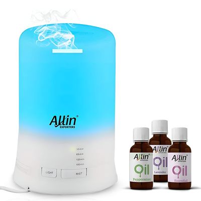 Allin Exporters 100ml Aromatherapy Diffuser with 15ml Lavender Peppermint & Cedarwood Essential Oil 7 Color Changing LED Lights 4 in 1 Ultrasonic Humidifier for Home Baby Bedroom Office (Multicolor)