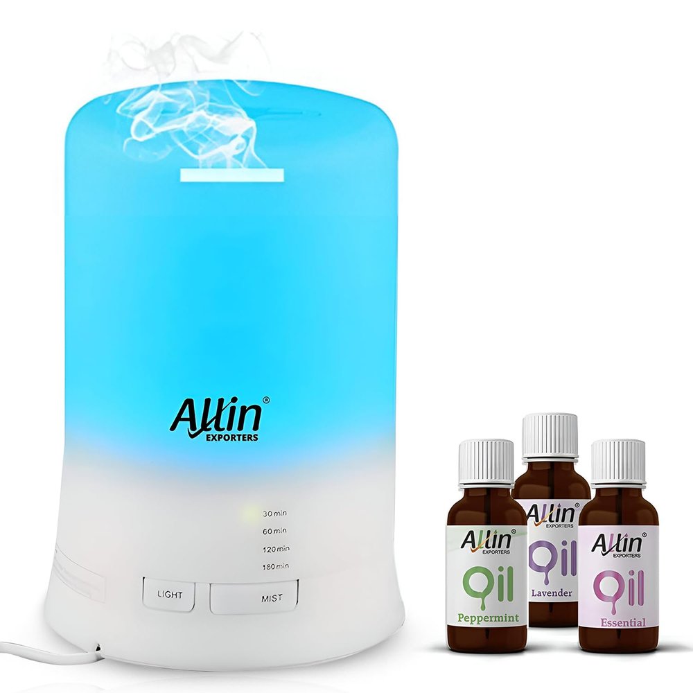 Allin Exporters 100ml Aromatherapy Diffuser with 15ml Lavender Peppermint & Cedarwood Essential Oil 7 Color Changing LED Lights 4 in 1 Ultrasonic Humidifier for Home Baby Bedroom Office (Multicolor)