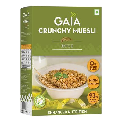 Gaia Crunchy Diet Muesli 400g Box - Low-Calorie, Protein Rich, High-Fiber Muesli Cereal Serves as a Healthy and Nutritious Breakfast Option with Zero Added Sugar.