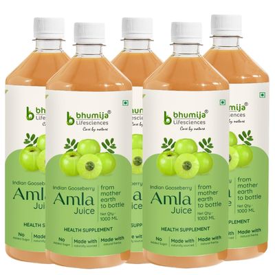 Bhumija Lifesciences Amla Juice 1L | Pure Indian Gooseberry Juice for Digestion, Detox & Gut Health | No Added Sugar (Pack of 5)