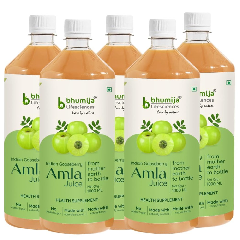 Bhumija Lifesciences Amla Juice 1L | Pure Indian Gooseberry Juice for Digestion, Detox & Gut Health | No Added Sugar (Pack of 5)