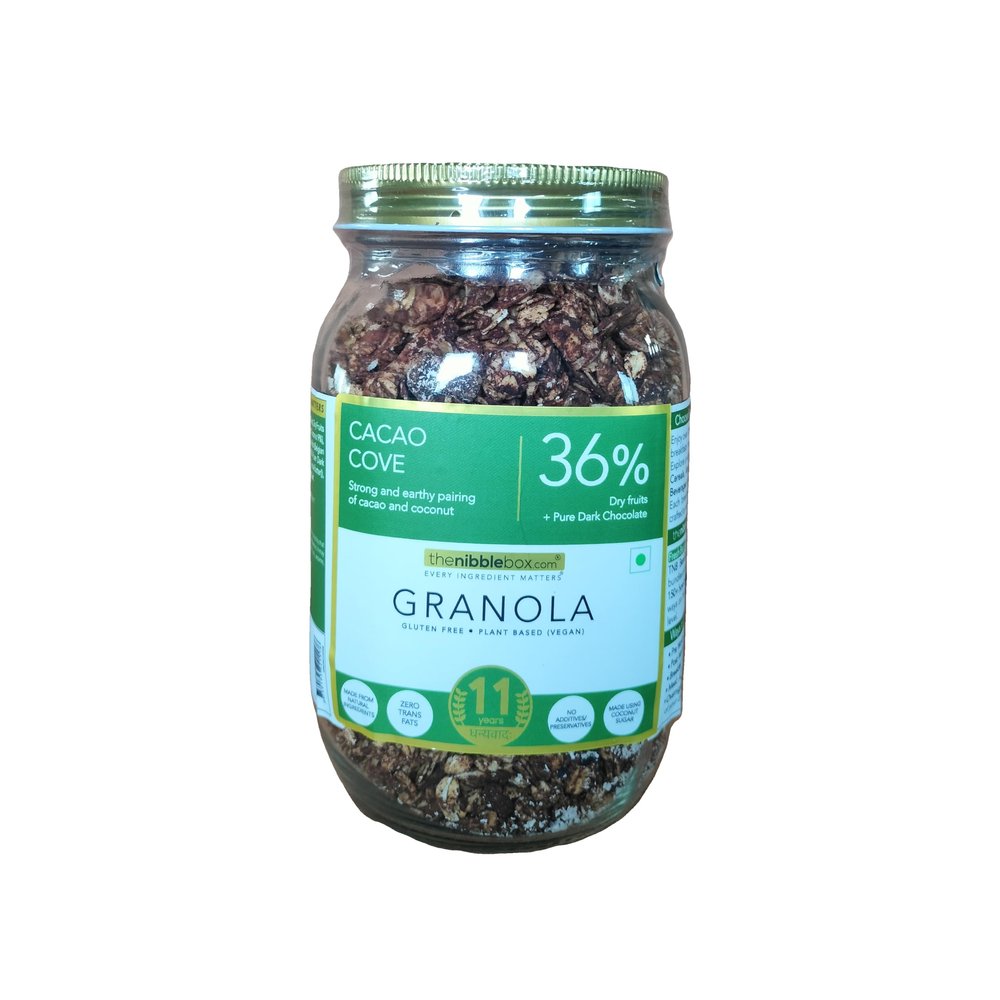 thenibblebox Cacao Cove Granola, 500g Jar [36% dry fruits, gluten free, vegan friendly, no refined sugar]