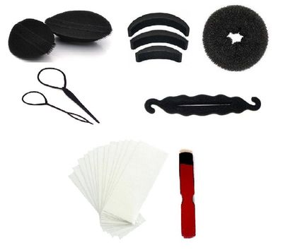 Out of Box Hair Donut Medium Size Princess Puff Velcro Insert Black Bumpits with Topsy Tail Maker & 50 Wax Strips with Heavy Duty Wooden Knife