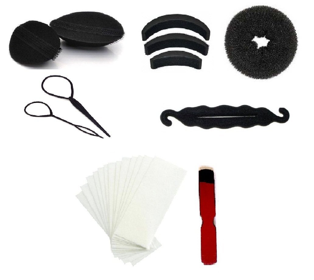 Out of Box Hair Donut Medium Size Princess Puff Velcro Insert Black Bumpits with Topsy Tail Maker & 50 Wax Strips with Heavy Duty Wooden Knife