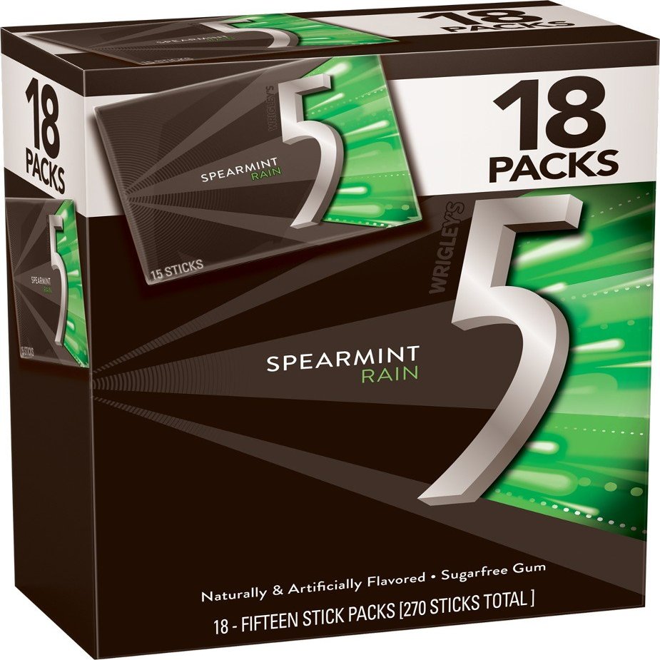 5 Gum Spearmint Rain Sugarfree Gum, Bulk 18 packs