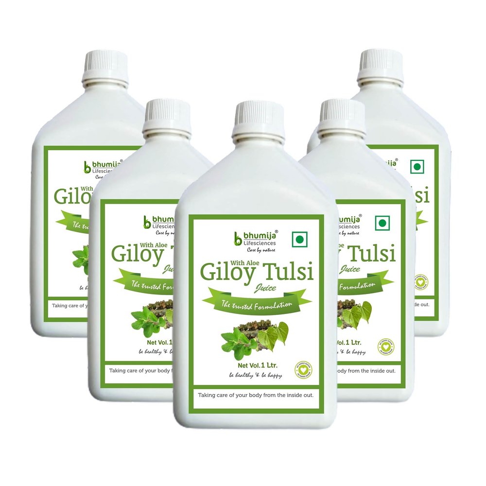Bhumija Lifesciences Giloy Tulsi Juice Immunity Booster Natural Juice (Sugar Free) 1 Ltr (Pack of Five)