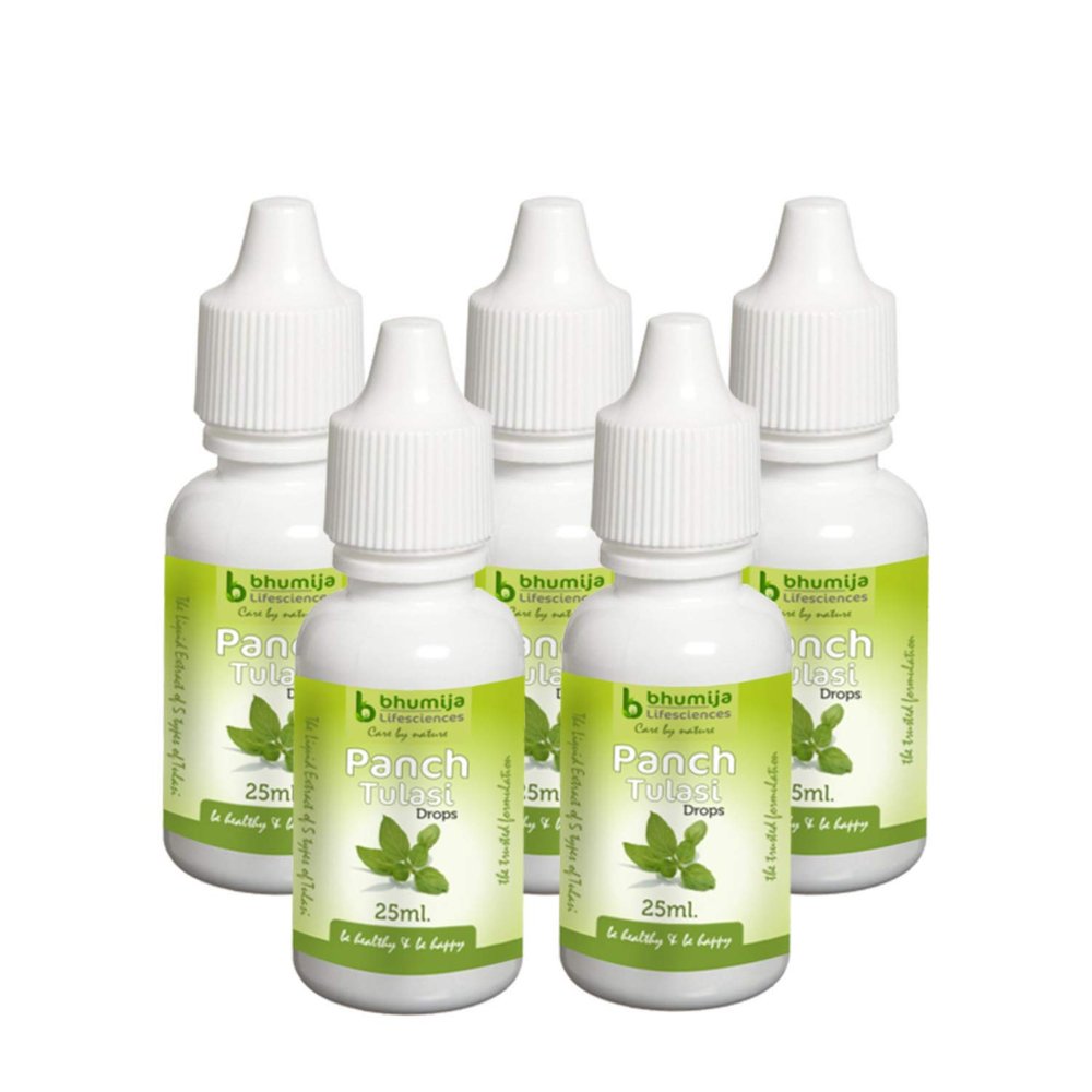 Bhumija Lifesciences Panch Tulsi Ark Drop Natural Immunity Booster, 25 ml | Helps in Cold & Cough | Contains Extract of 5 Types of Tulasi | Relief for Adults and Kids (Pack of 5)