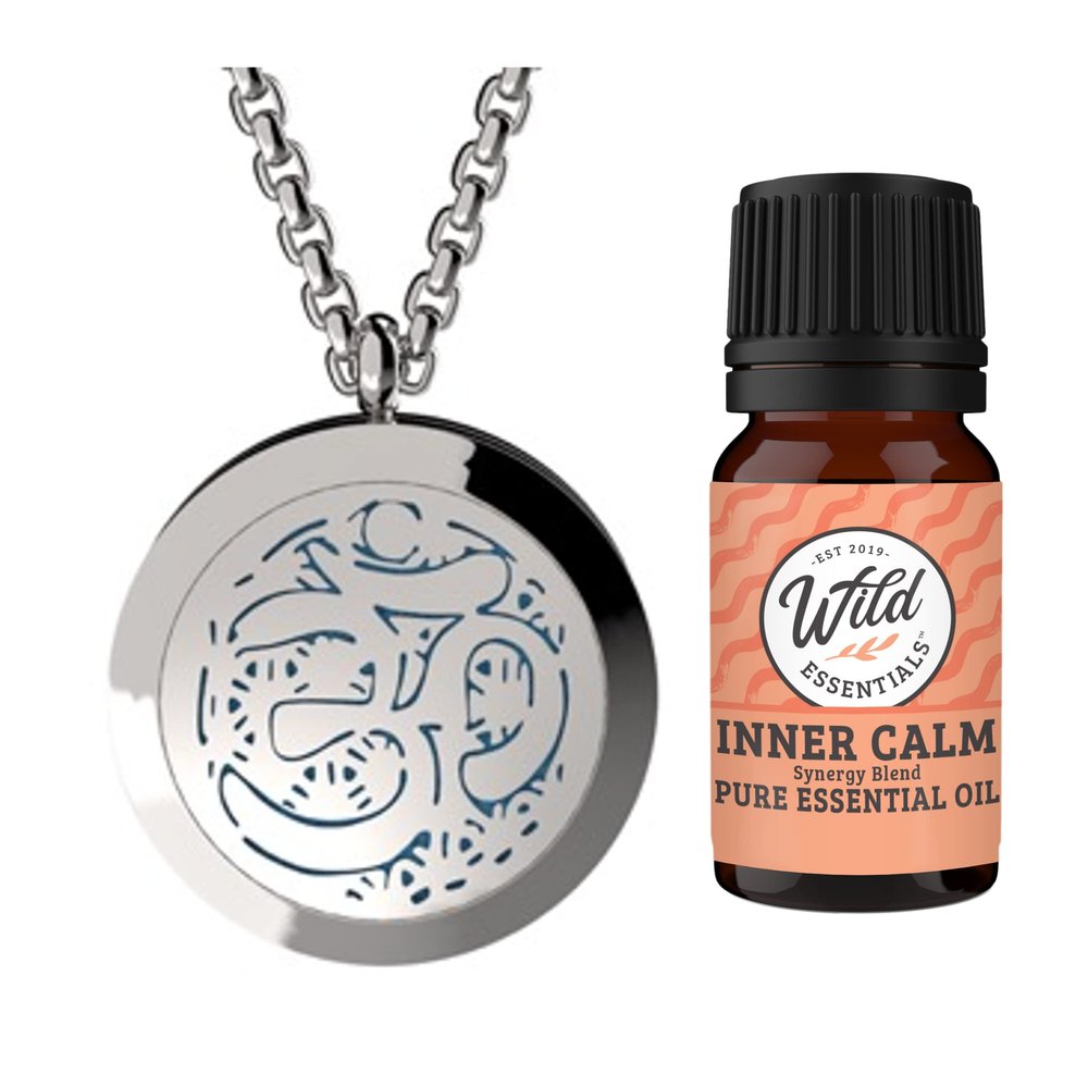 Aum OM Essential Oil Diffuser Necklace Stainless Steel Locket Pendant with 24" Chain, oil, and pads in Gift Box
