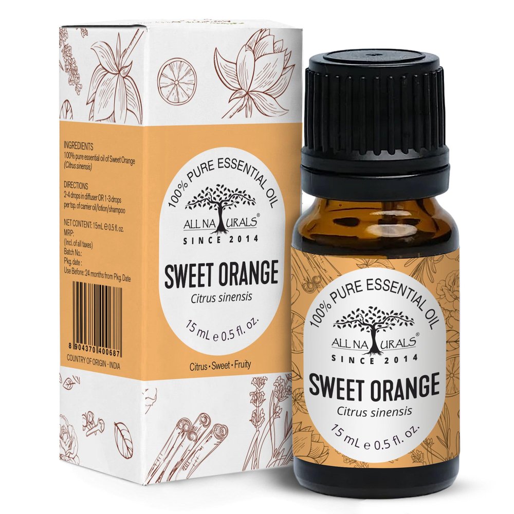 All Naturals Orange Essential Oil (Sweet) 100% Pure for Aromatherapy, Alertness Concentration & Termites - 15 mL