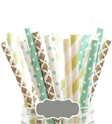 Charmed neutral blue sea foam green , ivory, gold, paper straws in damask, stripe and polka dot 125 PK