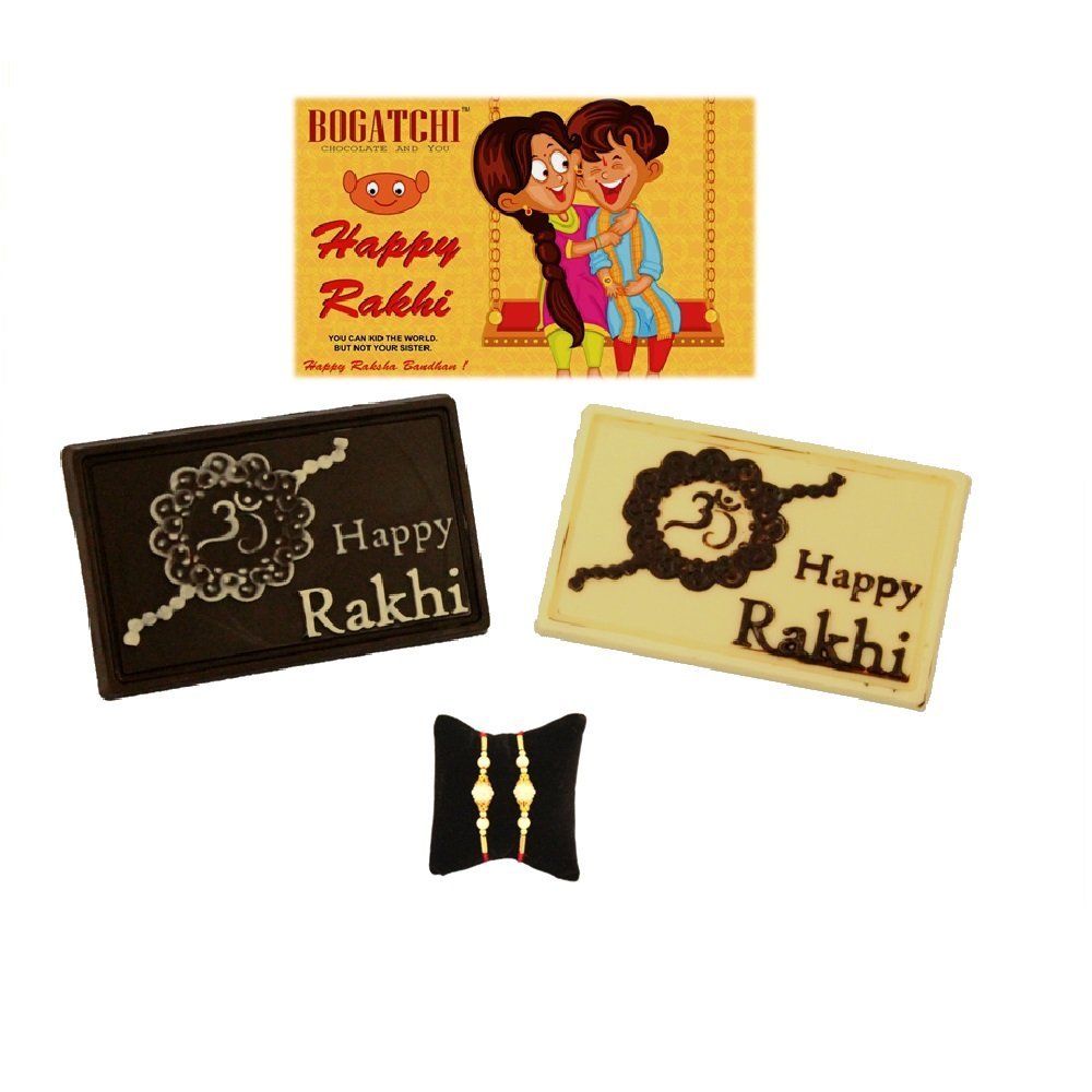 BOGATCHI Happy Rakhi Chocolate BAR, Rakhi for Brother, Chocolate with Rakhi, White Chocolate and Dark Chocolate, Rakhi Gifts, 2 Pieces