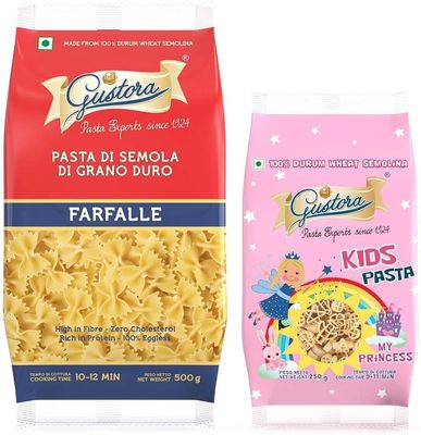 Gustora Farfalle Pasta, 500G & Princess Assorted Kids Pasta, 250G I Pasta Combo Made of 100% Durum Wheat Semolina I Rich in Protein & Fibre I Vegetarian I Zero Cholesterol I Cooking Time 10 Min
