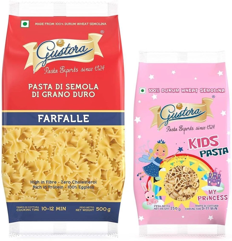 Gustora Farfalle Pasta, 500G & Princess Assorted Kids Pasta, 250G I Pasta Combo Made of 100% Durum Wheat Semolina I Rich in Protein & Fibre I Vegetarian I Zero Cholesterol I Cooking Time 10 Min