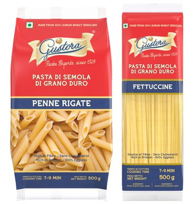 Gustora Combo Pack of Penne Rigate Pasta & Fettuccine Pasta (Combo of 2) I Made of Durum Wheat Semolina I Vegetarian I Rich in Protein & Fibre I Zero Cholesterol I Cooking Time 10 Min (500gX2)