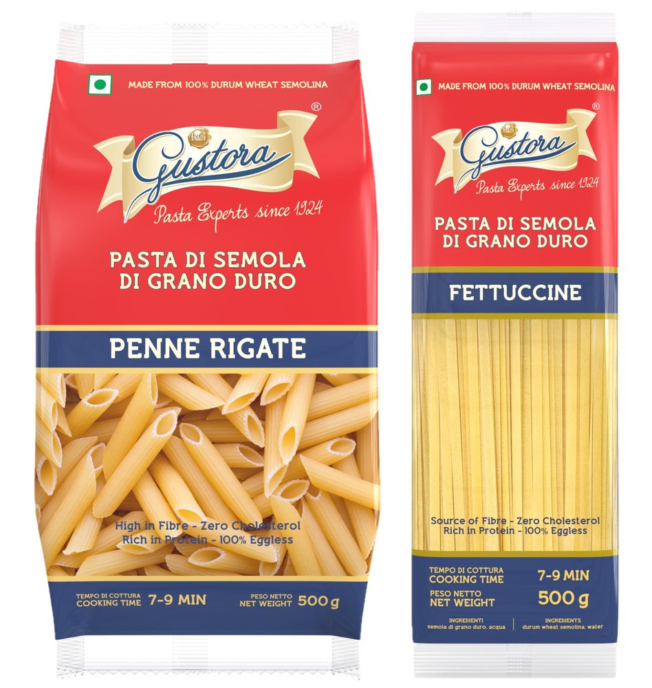 Gustora Combo Pack of Penne Rigate Pasta & Fettuccine Pasta (Combo of 2) I Made of Durum Wheat Semolina I Vegetarian I Rich in Protein & Fibre I Zero Cholesterol I Cooking Time 10 Min (500gX2)