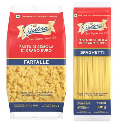 Gustora Farfalle Pasta & Spaghetti Pasta Combo I Made of 100% Durum Wheat Semolina I Rich in Protein & Fibre I Zero Cholesterol I No Trans-fat I Cooking Time 10 Min (500g X 2)