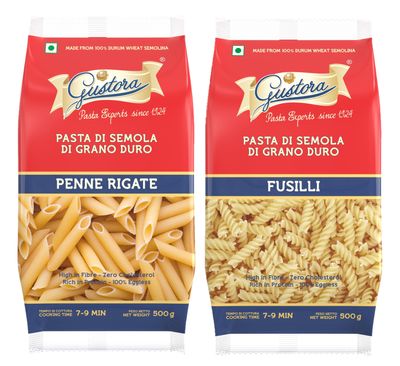 Gustora Combo of Penne Rigate Pasta & Fusilli Pasta, 1Kg (Combo of 2) I Made of Durum Wheat Semolina I Vegetarian I Rich in Protein & Fibre I Zero Cholesterol I Cooking Time 10 Min (500g X 2)