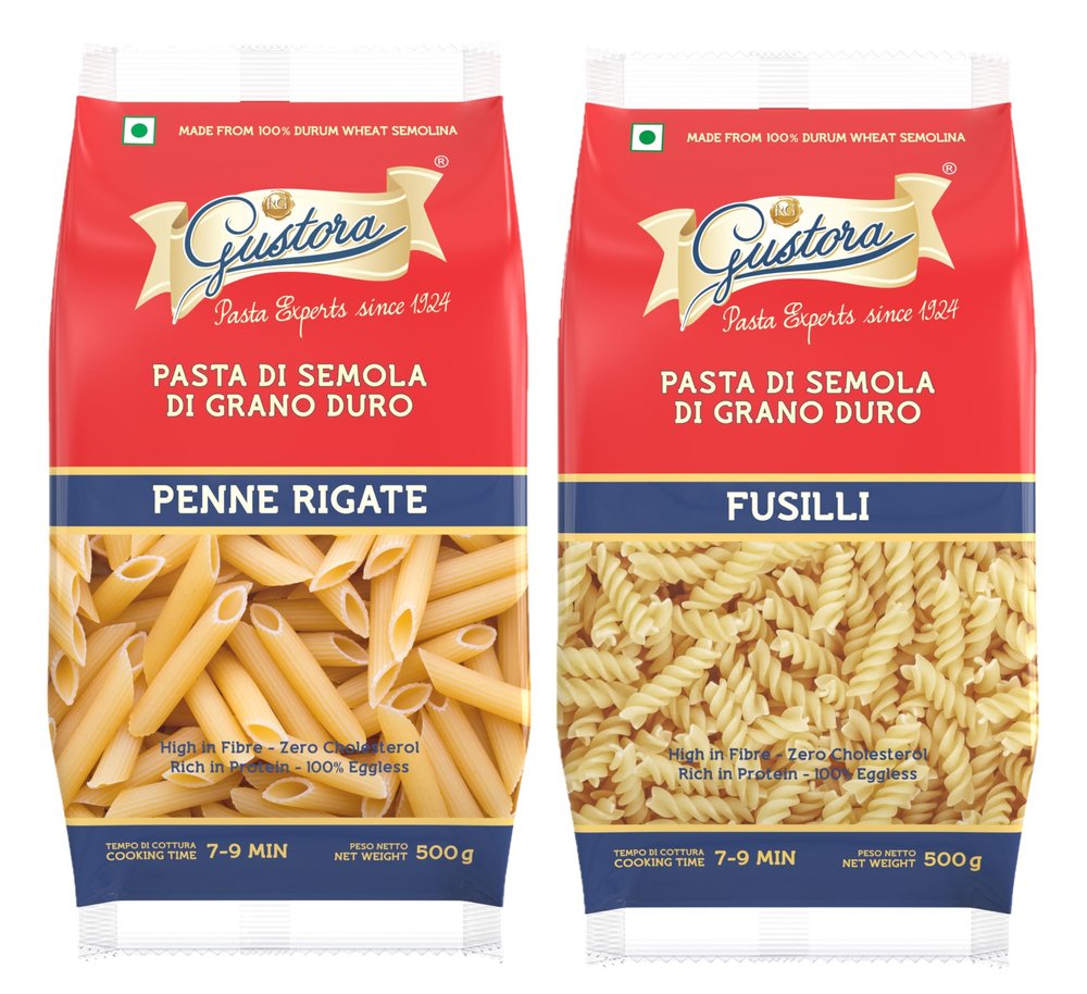 Gustora Combo of Penne Rigate Pasta & Fusilli Pasta, 1Kg (Combo of 2) I Made of Durum Wheat Semolina I Vegetarian I Rich in Protein & Fibre I Zero Cholesterol I Cooking Time 10 Min (500g X 2)
