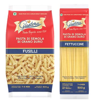 Gustora Combo Pack of Fusilli Pasta & Fettuccine Pasta, 1 KG I Pasta Combo Made of Durum Wheat Semolina I Rich in Protein & Fibre I Zero Cholesterol I No Trans-fat I Cooking Time 10 Min (500gX2)