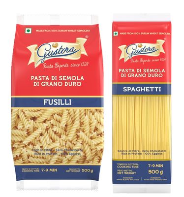 Gustora Combo Pack of Fusilli Pasta & Spaghetti Pasta, 1 KG I Pasta Combo Made of 100% Durum Wheat Semolina I Rich in Protein & Fibre I Zero Cholesterol I No Trans-fat I Cooking Time 10 Min (500gX2)