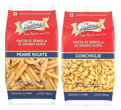 Gustora Combo Pack of Penne Rigate Pasta & Conchiglie Pasta, 1KG I Italian Penne & Spaghetti Pasta Combo I Made of Durum Wheat Semolina I Vegetarian I Rich in Fibre I Cooking Time 10 Min (500g X 2)