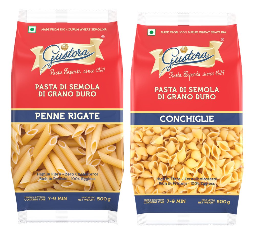 Gustora Combo Pack of Penne Rigate Pasta & Conchiglie Pasta, 1KG I Italian Penne & Spaghetti Pasta Combo I Made of Durum Wheat Semolina I Vegetarian I Rich in Fibre I Cooking Time 10 Min (500g X 2)
