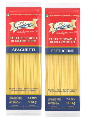 Gustora Durum Wheat Spaghetti & Fettucine Pasta Combo Pack Of 2 I Made of Durum Wheat Semolina I Rich In Protein And Fibre I Zero Cholesterol I Vegetarian Pasta I Cooking Time 10 Min - (500 gm X 2)