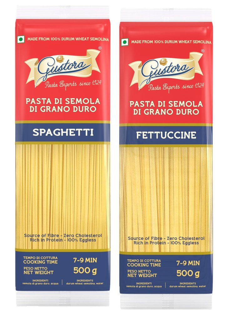 Gustora Durum Wheat Spaghetti & Fettucine Pasta Combo Pack Of 2 I Made of Durum Wheat Semolina I Rich In Protein And Fibre I Zero Cholesterol I Vegetarian Pasta I Cooking Time 10 Min - (500 gm X 2)