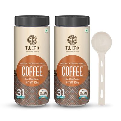 Tweak instant coffee premix 500g x 2 Jars | Makes Approx 31 cups of 100ml from 1 jar | 3in1 coffee | Just add Hot water | No need to add Milk | Make Instant coffee Instantly | Rich & Creamy Coffee | Travel Friendly for Home & Office