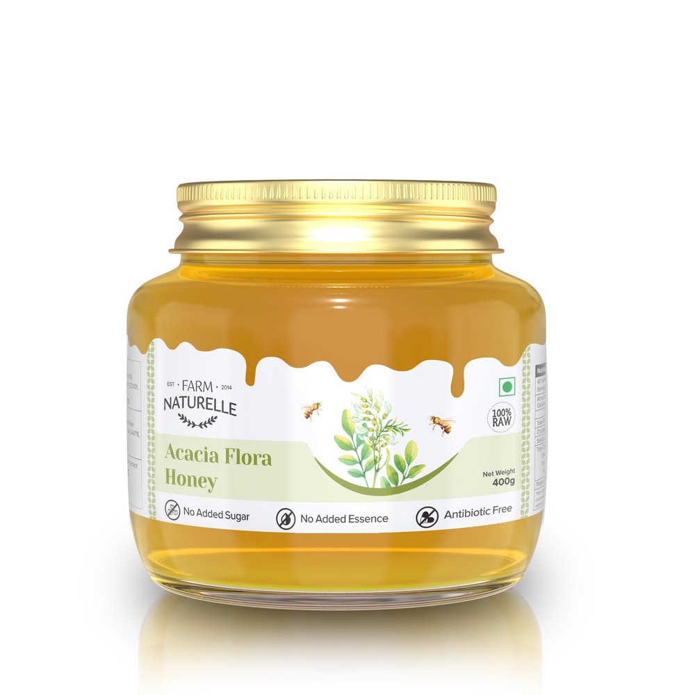 Farm Naturelle Acacia Flora Wild Honey 400g |100% Pure Honey | Raw & Unfiltered|Unprocessed|Lab Tested Honey In Glass Jar with Engraved Virgin Wooden Spoon