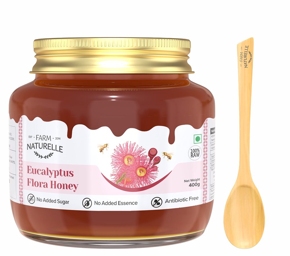 Farm Naturelle Raw Eucalyptus Honey 400g| Glass Bottle | 100% Pure Unprocessed & Natural Honey | Ayurvedic & Rich in Vitamins and Minerals | Helps Boost Immunity
