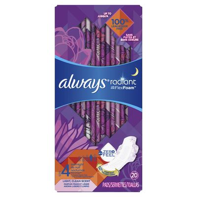ALWAYS Radiant, Size 4, Overnight Sanitary Pads With Wings, Scented, 20 Count
