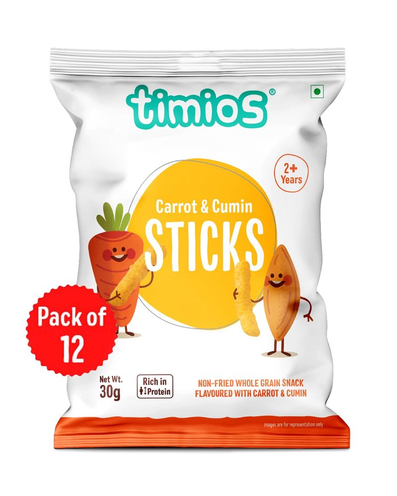 Timios Natural Non-Fried Carrot & Cumin Stick-Shaped Munchies Pack of 12 (30g each) Healthy Snack for Kids Aged 2+