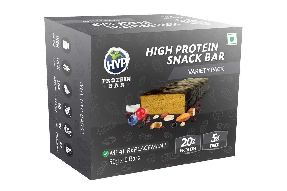 HYP - Meal Replacement Whey Protein Bar Variety Pack (6x60g) | 20g Per Bar | 2 Almond Fudge + 2 Peanut Butter + 2 Cookies and Cream | Includes Whey Protein | Gluten Free Protein Bars | Protein Snacks