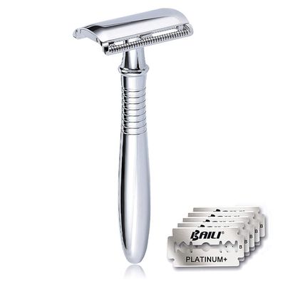 BAILI Classic Chrome Long Handle Men's Shaving Safety Blade Razor Stainless Shaver +5 Blades +Travel Case