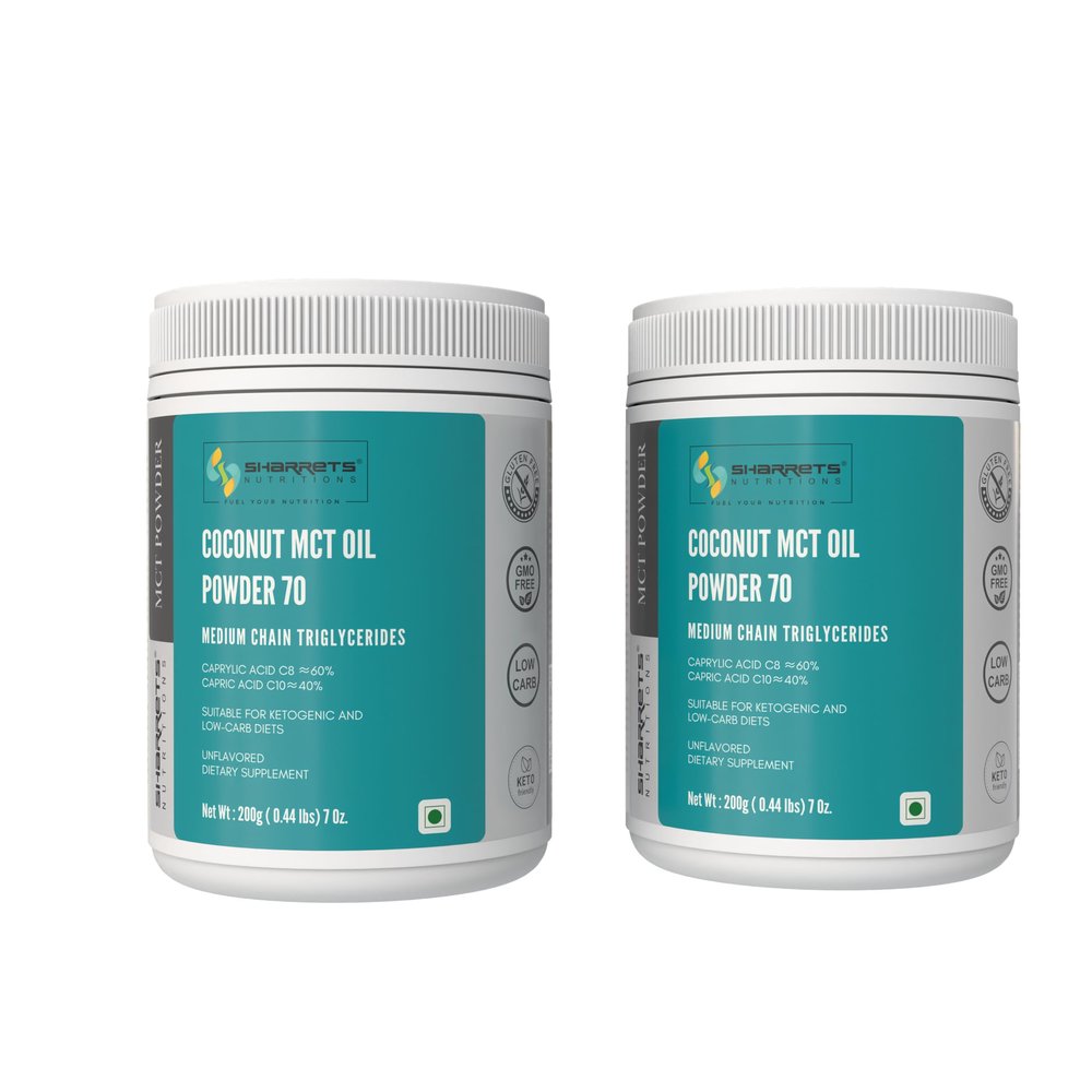 Sharrets Coconut MCT Oil Powder 200 G x 2 - Low Carbs Medium Chain Triglycerides, Ideal for Athletes, Bodybuilders, Bulletproof Coffee, Brain Health and Ketosis.