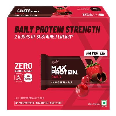 RiteBite Max Protein Daily Choco Berry Protein Bars with 10g Protein, 5g Fiber & 21 Vit. & Minerals | 0 Added Sugar, No Cholesterol & Trans Fat For Upto 2h of Energy, Healthy Snack, 50g (Pack of 6)