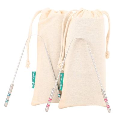 HealthAndYoga SteloSwipe Stainless Steel Tongue Cleaners with Colored Handles (Set of 2 with Cotton Bags) For CouplesPremium Surgical Grade Scraper - Oral Hygiene, Prevents Bad breath & Cavities