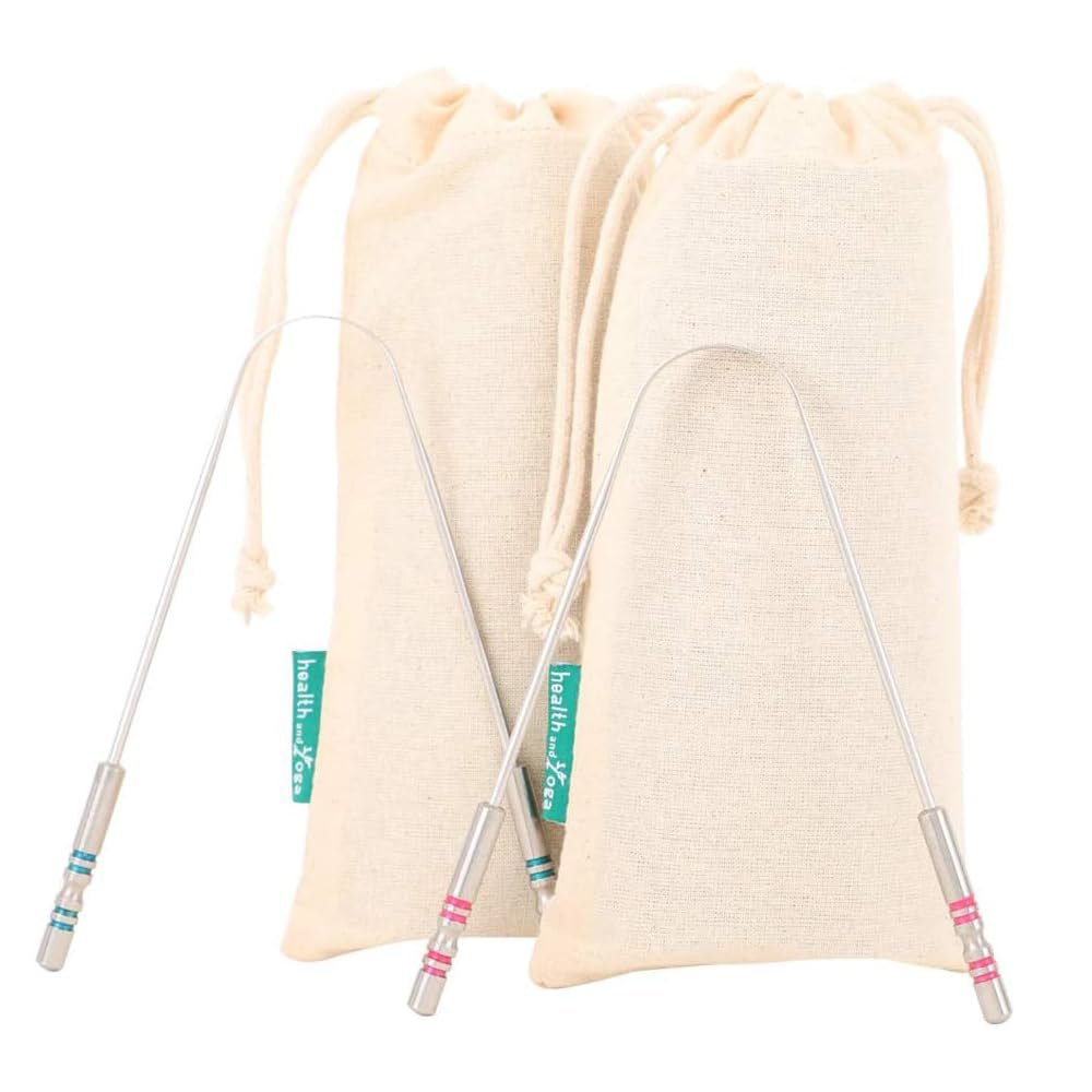 HealthAndYoga SteloSwipe Stainless Steel Tongue Cleaners with Colored Handles (Set of 2 with Cotton Bags) For CouplesPremium Surgical Grade Scraper - Oral Hygiene, Prevents Bad breath & Cavities