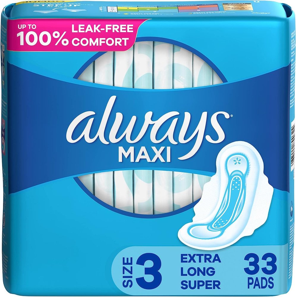 Always Maxi, Size 3, Extra Long Super Pads with Wings, Unscented, 33 Count