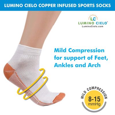 Lumino Cielo Copper Infused Sports Socks With Mild Compression for Feet, Arch, Ankle Support (S/M, White)