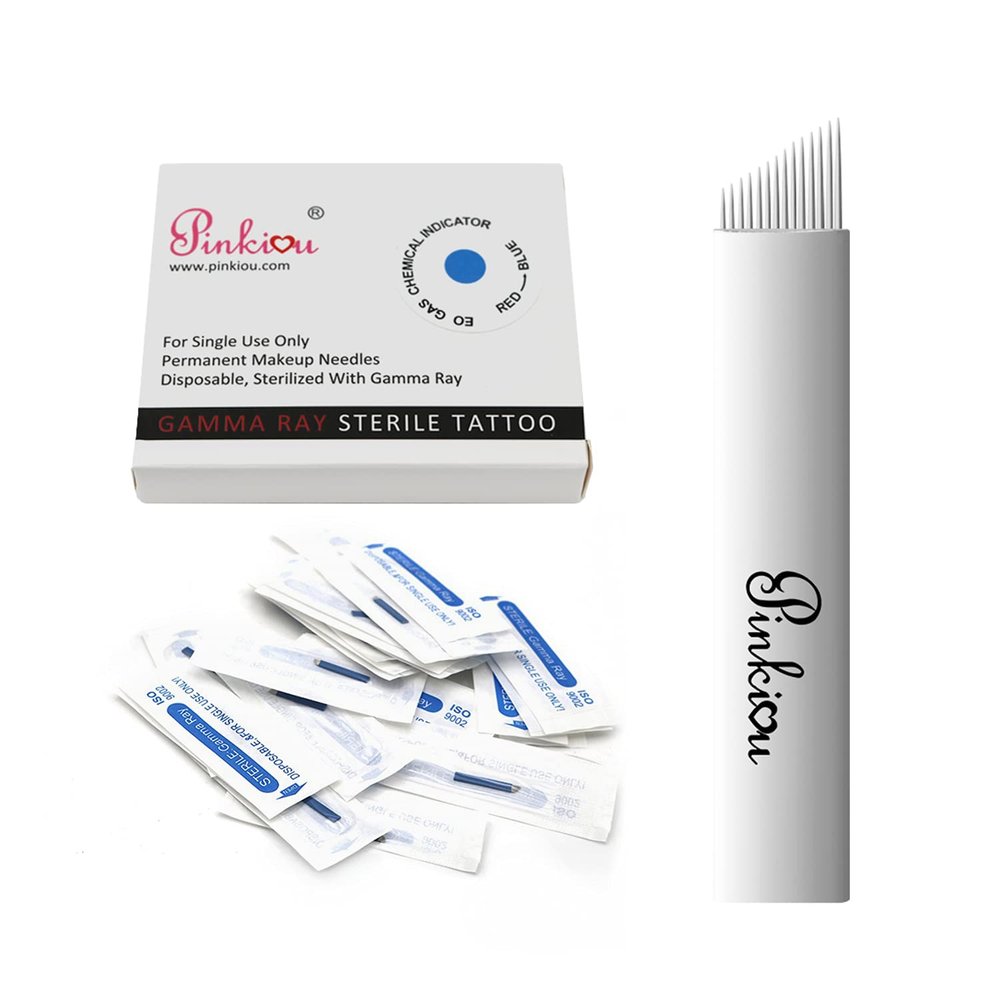 Bevel/14 Pin : Pinkiou 50 Pcs Microblading Needles Permanent Makeup Manual Tattoo Eyebrow Blade Bevel For Eyebrow Tattoo Pens (14 Pin)