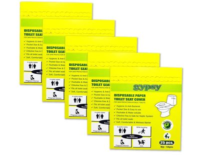 Gypsy Disposable Paper Toilet Seat Covers -125 Sheets (5 x 25) | Flushable & Nature Friendly | Travel Pack For Skin Protection In Unhygienic Public Toilets.