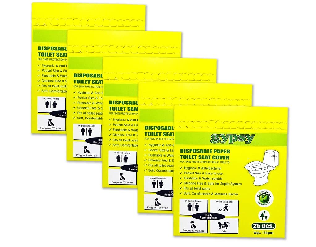 Gypsy Disposable Paper Toilet Seat Covers -125 Sheets (5 x 25) | Flushable & Nature Friendly | Travel Pack For Skin Protection In Unhygienic Public Toilets.